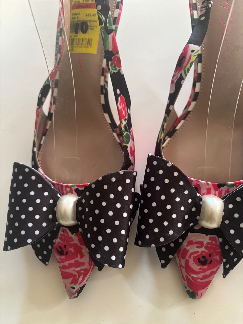 Betsey Johnson Black Floral Polka Dot Slingback Kitten Heels - Picture 3 of 8